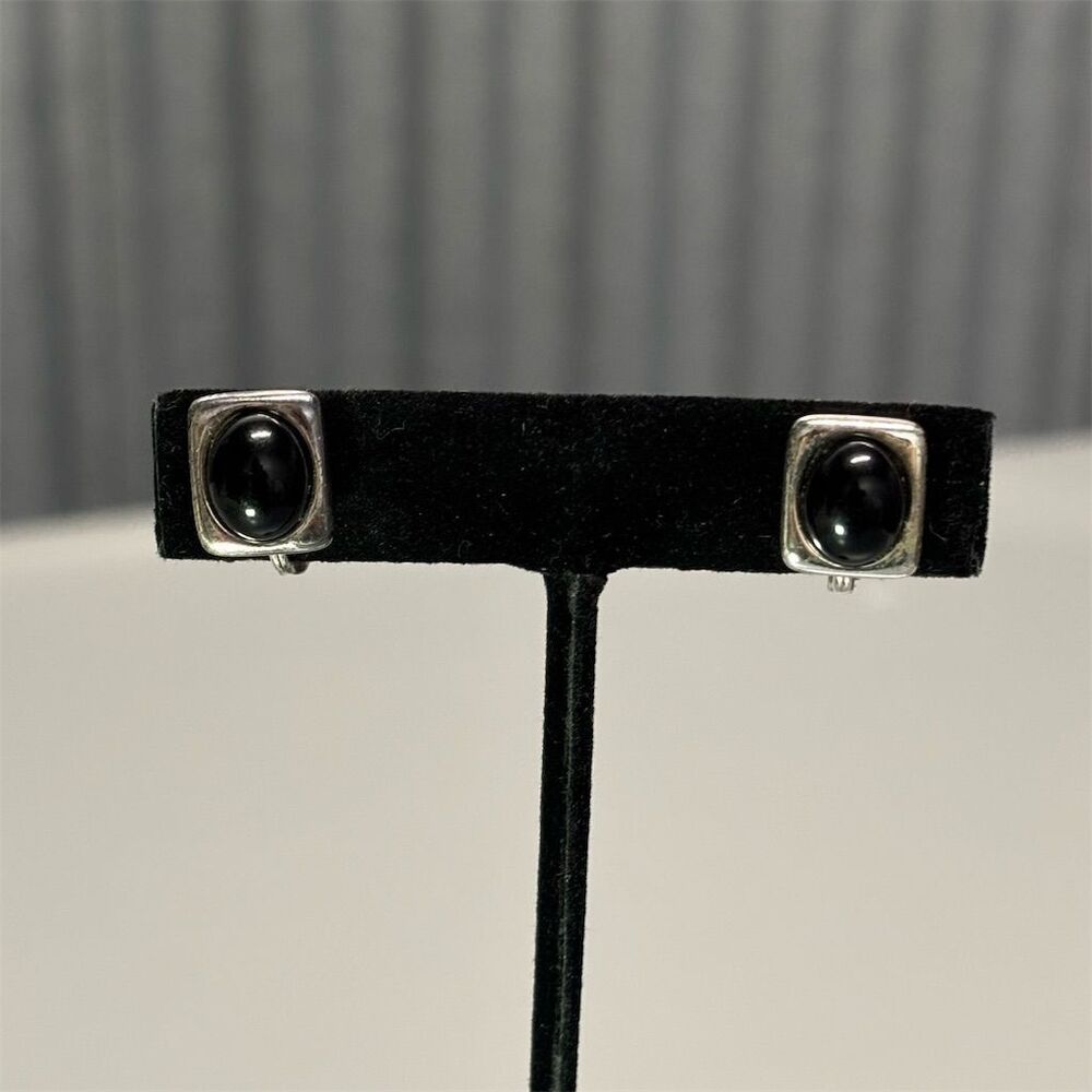 Monet Vintage Silver Tone Clip-On Earrings Black Onyx Cabochons